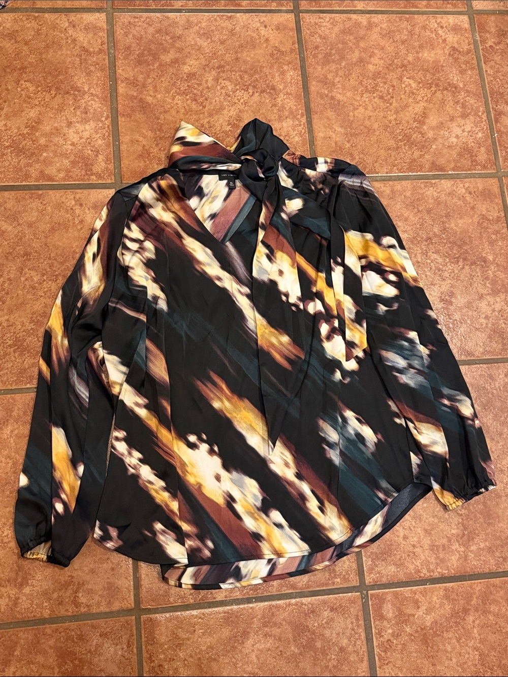The Limited Black Abstract Tie-Neck Blouse with Mustard and Rust Accents